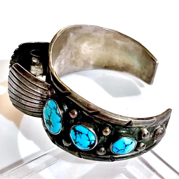 🦋Old Pawn Vintage Navajo Lone Mountain Turquoise Sterling Silver Watch Cuff - Picture 1 of 7